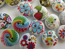 Load image into Gallery viewer, 24 Bright floral print buttons 15mm White back 2 holes