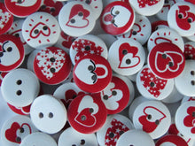 Load image into Gallery viewer, 25 Red heart Mixed Print buttons 15mm White back 2 holes