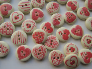 52 Mixed Print Red Heart Cream buttons 15mm