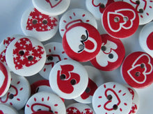 Load image into Gallery viewer, 25 Red heart Mixed Print buttons 15mm White back 2 holes