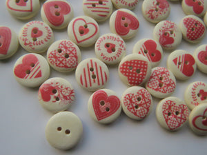 25 Mixed Print Red Heart Cream buttons 15mm