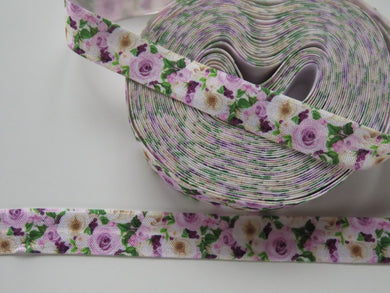 2.85m Lilac and cream roses print fold over elastic FOE foldover elastic 15mm wide