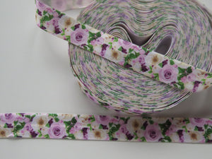 2.85m Lilac and cream roses print fold over elastic FOE foldover elastic 15mm wide