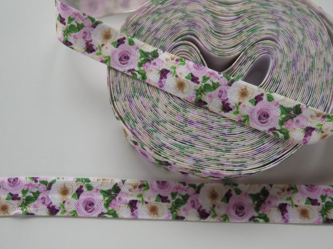 2.85m Lilac and cream roses print fold over elastic FOE foldover elastic 15mm wide