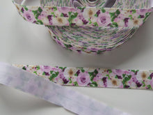 Load image into Gallery viewer, 2.85m Lilac and cream roses print fold over elastic FOE foldover elastic 15mm wide