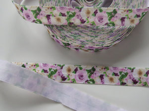 2.85m Lilac and cream roses print fold over elastic FOE foldover elastic 15mm wide