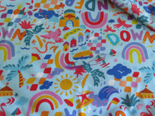 Load image into Gallery viewer, 1m Wave, rainbow, waterskier, palm tree print Blue 100% organic cotton jersey knit 112cm