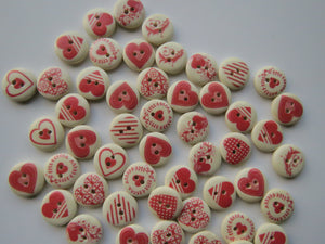 52 Mixed Print Red Heart Cream buttons 15mm