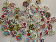 Load image into Gallery viewer, 24 Bright floral print buttons 15mm White back 2 holes