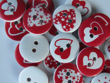 Load image into Gallery viewer, 25 Red heart Mixed Print buttons 15mm White back 2 holes
