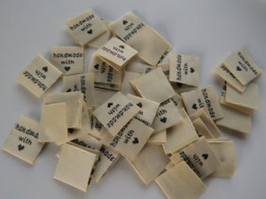 100 Cream Beige Handmade with (love) heart symbol woven flag labels 2 x 2cm