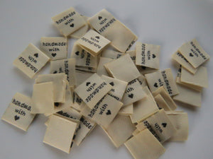 50 Beige Handmade with (love) heart symbol woven flag labels 2 x 2cm