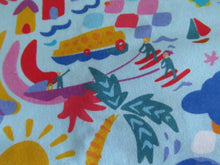 Load image into Gallery viewer, 1m Wave, rainbow, waterskier, palm tree print Blue 100% organic cotton jersey knit 112cm