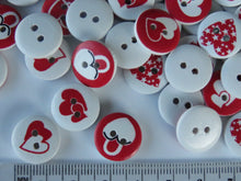 Load image into Gallery viewer, 25 Red heart Mixed Print buttons 15mm White back 2 holes