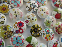Load image into Gallery viewer, 24 Bright floral print buttons 15mm White back 2 holes