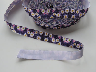 5m Dark Purple background White Daisy with yellow centre  fold over elastic FOE foldover elastic 15mm wide