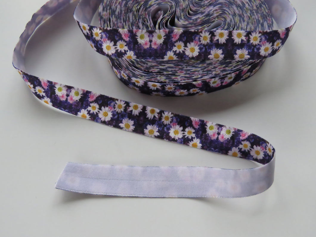 5m Dark Purple background White Daisy with yellow centre  fold over elastic FOE foldover elastic 15mm wide