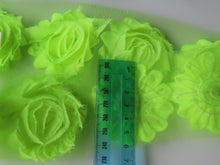 Load image into Gallery viewer, 3 Neon lime green Shabby Chic Chiffon flowers- approx 50mm diameter per flower