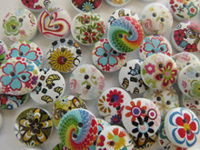 Load image into Gallery viewer, 24 Bright floral print buttons 15mm White back 2 holes