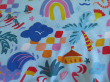 Load image into Gallery viewer, 1m Wave, rainbow, waterskier, palm tree print Blue 100% organic cotton jersey knit 112cm