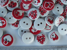 Load image into Gallery viewer, 25 Red heart Mixed Print buttons 15mm White back 2 holes