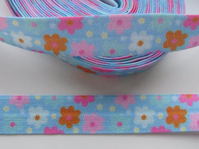 4.8m Pink blue orange daisy floral flower print  on blue Fold Over Elastic FOE Foldover 15mm