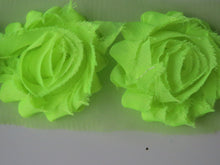 Load image into Gallery viewer, 3 Neon lime green Shabby Chic Chiffon flowers- approx 50mm diameter per flower
