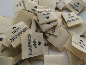 50 Beige Handmade with (love) heart symbol woven flag labels 2 x 2cm