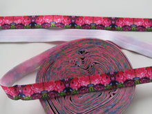Load image into Gallery viewer, 1m Bright pink and purple flower print fold over elastic FOE foldover elastic 15mm wide