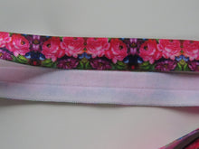 Load image into Gallery viewer, 1m Bright pink and purple flower print fold over elastic FOE foldover elastic 15mm wide