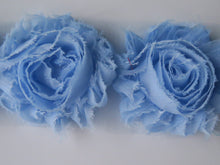 Load image into Gallery viewer, 3 Pale blue Shabby Chic Chiffon flowers  50mm diameter per flower