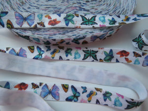 5m Butterfly print on white Fold over Elastic FOE Fold over elastic 15mm wide