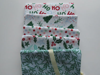 Ho! Ho! Ho! Christmas Fabric Bundle of 5 Fat Quarters. Mixed prints- 100% cotton. 50 x 52cm per piece