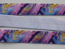 Load image into Gallery viewer, 4.9m Purple pink blue yellow marbled swirl abstract Fold Over Elastic FOE Foldover 15mm
