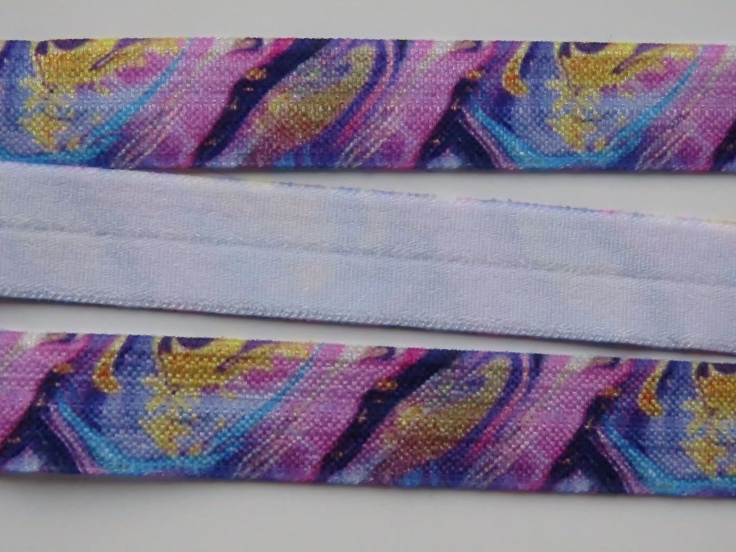 4.9m Purple pink blue yellow marbled swirl abstract Fold Over Elastic FOE Foldover 15mm