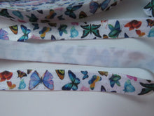 Load image into Gallery viewer, 5m Butterfly print on white Fold over Elastic FOE Fold over elastic 15mm wide