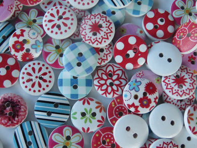 50 red Pink Blue Mixed floral gingham buttons 15mm White back 2 holes