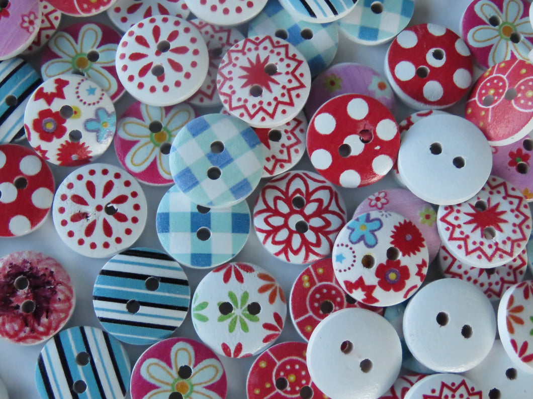50 red Pink Blue Mixed floral gingham buttons 15mm White back 2 holes