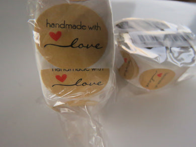 500 Stickers- Handmade with Love and Red heart  25mm