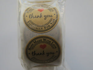 500 Stickers with Handmade with Love Especially for you on the circumference and Thank you in the centre 25mm