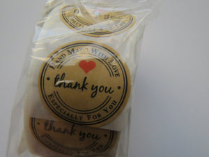 500 Stickers with Handmade with Love Especially for you on the circumference and Thank you in the centre 25mm