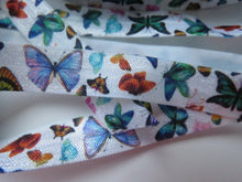 Load image into Gallery viewer, 5m Butterfly print on white Fold over Elastic FOE Fold over elastic 15mm wide