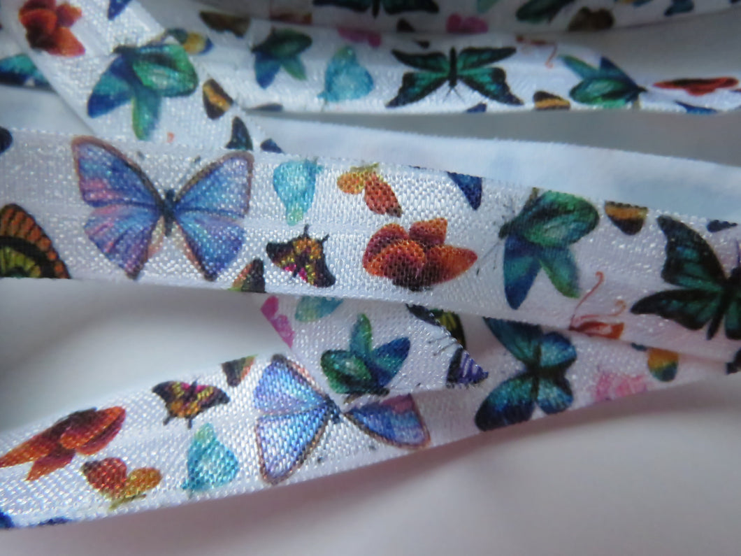 5m Butterfly print on white Fold over Elastic FOE Fold over elastic 15mm wide