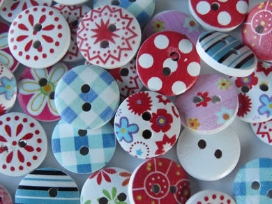 100 Red Pink Blue Mixed floral gingham buttons 15mm White back 2 holes