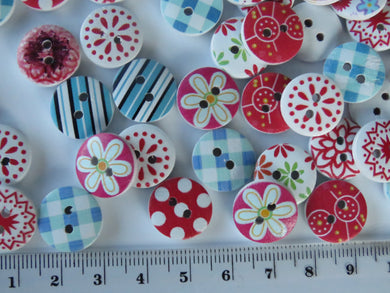 25 Red Pink Blue Mixed floral gingham buttons 15mm White back 2 holes