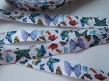 Load image into Gallery viewer, 5m Butterfly print on white Fold over Elastic FOE Fold over elastic 15mm wide