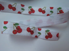 Load image into Gallery viewer, 5m Red Cherry print on white Fold over Elastic FOE Fold over elastic 15mm wide