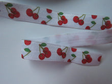 Load image into Gallery viewer, 5m Red Cherry print on white Fold over Elastic FOE Fold over elastic 15mm wide