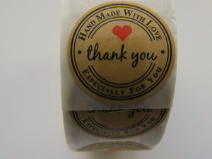 500 Stickers with Handmade with Love Especially for you on the circumference and Thank you in the centre 25mm