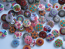 Load image into Gallery viewer, 20 mixed print miscellaneous patterns. buttons 15mm 2 holes with white back.